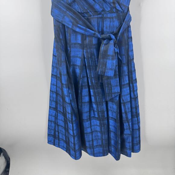 Anne Klein Blue Plaid Fit & Flare Belted Midi Dress Cap Sleeve Faux Wrap Size 2 - Picture 5 of 11